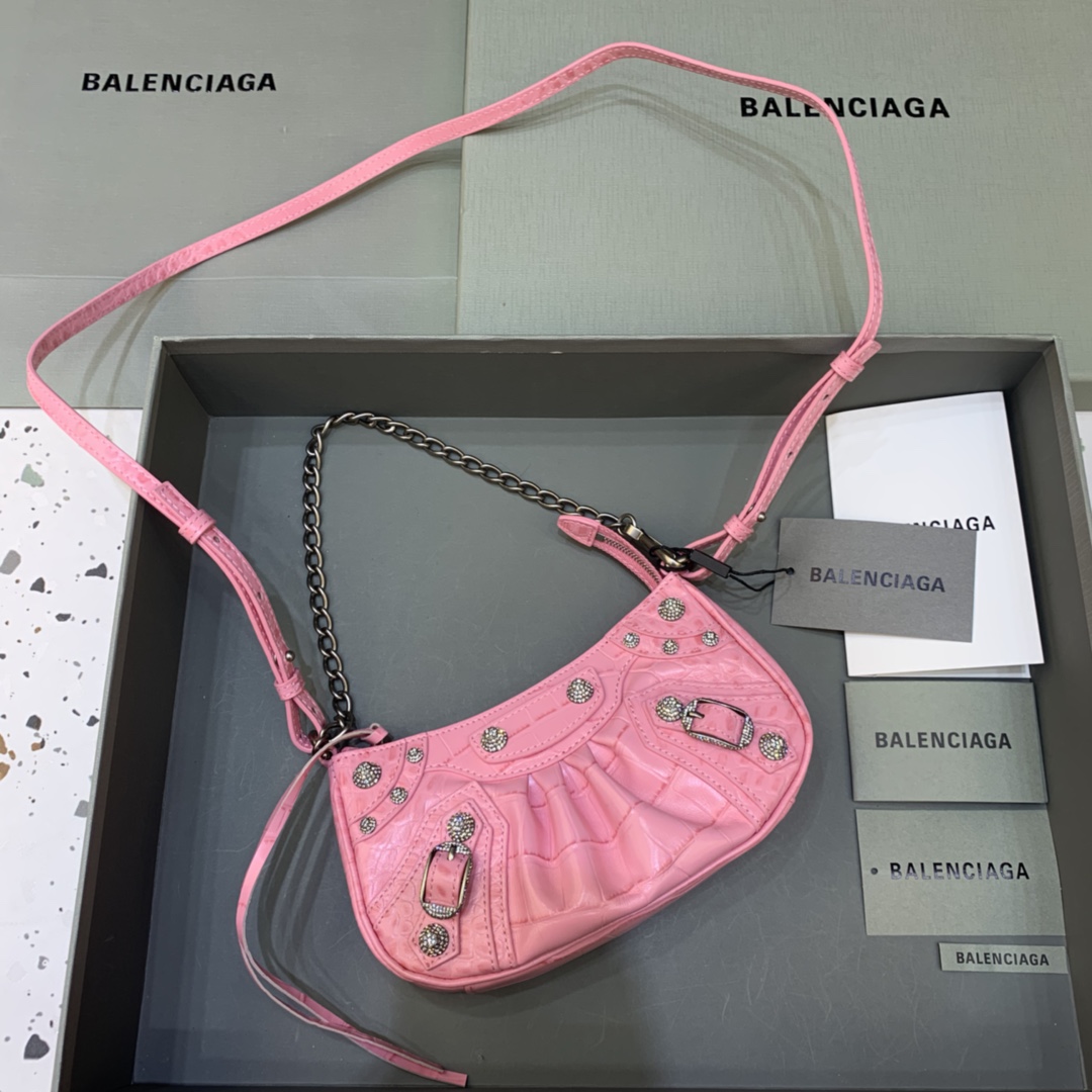 Balenciaga Le Cagole Mini Bag With Chain Crocodile Embossed Rhinestones Shoulder Bag Pink 